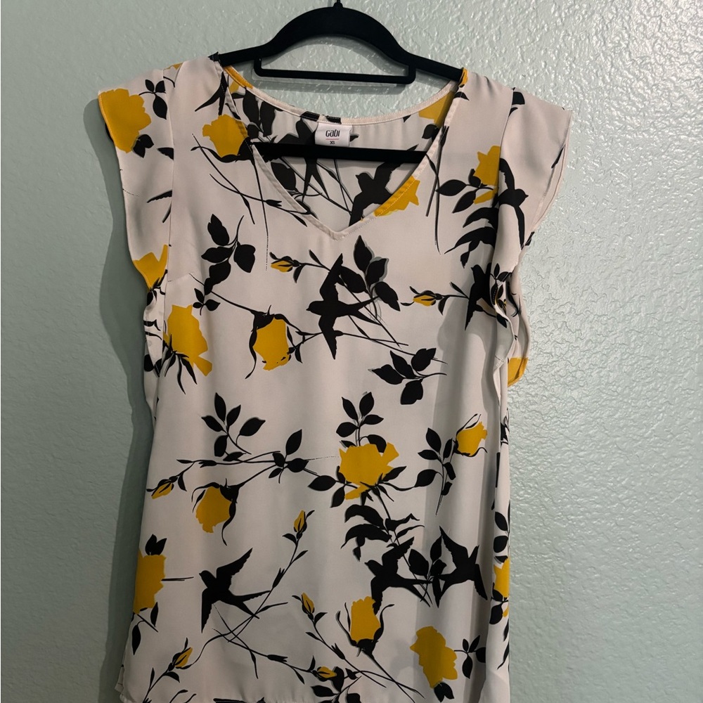 Cabi White Blouse with Yellow and Black Floral Print
